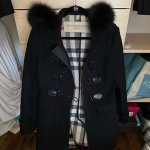 Authenticated Burberry Black Wool Blend Duffle Coat with Fox Fur Trim. Size 6